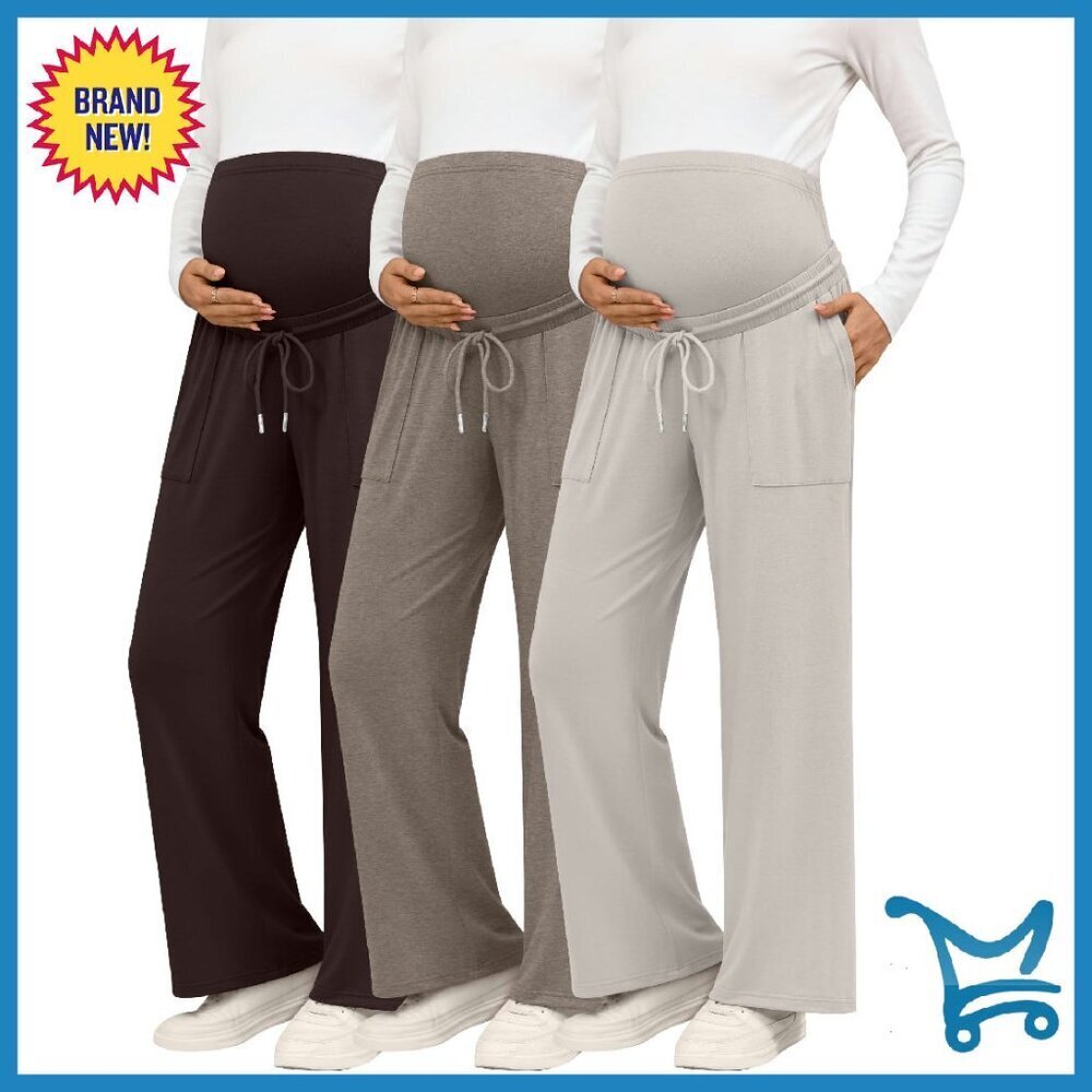 3 Pack Maternity Wide Leg Lounge Pants Over Belly Drawstring Pockets